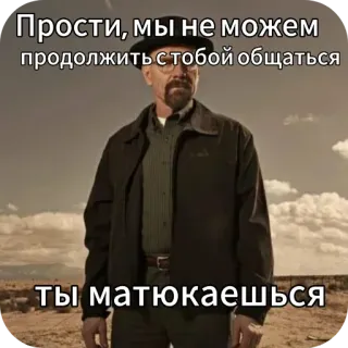 🧥 2f0a1cce Walter White Breaking Bad Прости, мы не можем продолжить с тобой общаться
ТЫ МАТЮКАЕШЬСЯ walter white, breaking bad, apology, meme, russian whatsapp sticker