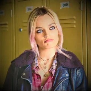 😕 78a32638 Maeve Wiley Sex Education adolescente, escola, menina, roupa, loira, gola, atitude telegram sticker