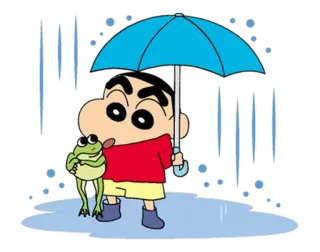😊 56bc3656 Shin-chan 蜡笔小新, 卡通, 伞, 雨, 青蛙, 动漫 telegram sticker
