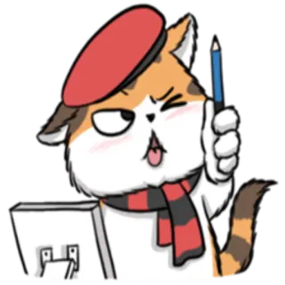 🎨 537893b3 猫, 贝雷帽, 卡通, 艺术家, 围巾, 铅笔 telegram sticker