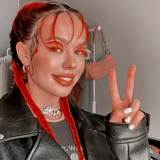 ✌ 54e4b3ba phụ nữ, cô gái, dấu hiệu hòa bình, chân dung, tóc đỏ, áo khoác da telegram sticker