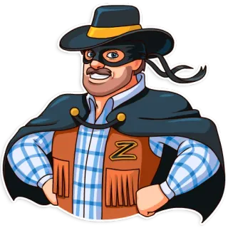 🤠 943b238c Z Mann mit Maske, Cartoon, Hut, Figur, Western, Umhang telegram sticker