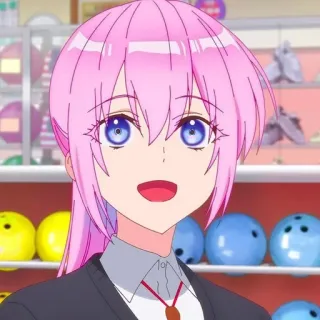 😃 c5540c8a 애니메이션, 분홍 머리, 파란 눈, 만화 캐릭터, 미소, 볼링장 telegram sticker