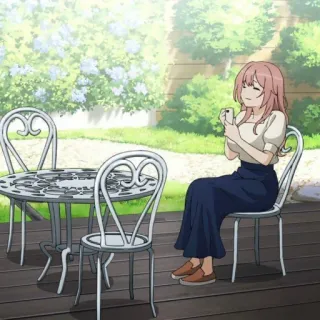 😑 c63aa85b アニメ, 女の子, 庭, コーヒー, テーブル, 椅子, リラックス telegram sticker