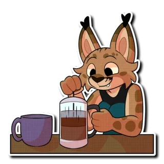 ☕️ 34ed6c84 拟人, 猞猁, 咖啡, 法式压滤壶, 早晨, 卡通, 饮料 telegram sticker