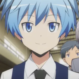 🙂 14fdb3c8 Nagisa Shiota Assassination Classroom anime, manga, blauw haar, jongen, glimlach, student telegram sticker