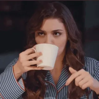 ♥️ 5f550a36 vrouw, drinken, koffie, pyjama, binnen, portret telegram sticker