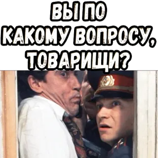 🤨 408c92d5 ВЫ ПО КАКОМУ ВОПРОСУ, ТОВАРИЩИ? russian, question, comrades, meme, funny telegram sticker