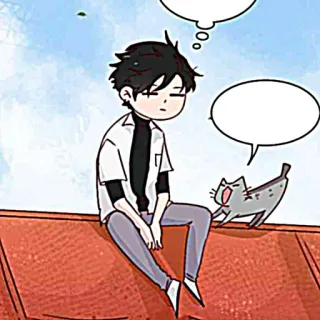 🐈‍⬛️ 91e7035f chłopak, kot, siedzący, kreskówka, myślenie telegram sticker