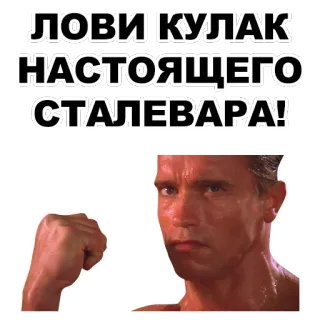 👊 37680161 ЛОВИ КУЛАК НАСТОЯЩЕГО СТАЛЕВАРА! arnold schwarzenegger, poing, mème russe whatsapp sticker