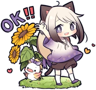 🆗 eb029170 OK !! Аниме, Милый, Каваий, Девушка, Подсолнух, Птица, Ок, Одобрено telegram sticker