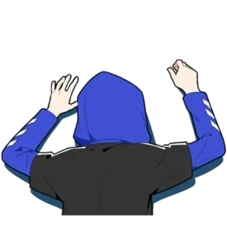 ✊️ d6c05453 bluza z kapturem, anime, postać, widok z tyłu, podniesione ręce, niebieski, młodzież, nastolatek telegram sticker