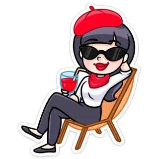 👩‍🦰 59db9c6e phụ nữ, mũ nồi, kính râm, ghế, đồ uống, đỏ, thoải mái, phong cách telegram sticker