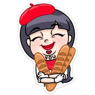👩‍🦰 5d030f16 YOU phim hoạt hình, cô gái, mũ nồi, Pháp, bánh mì baguette, đồ ăn, dễ thương telegram sticker