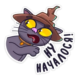 😕 6cb81ca5 НУ НАЧАЛОСЬ! cat, wizard, magic, sticker, cartoon, russian text telegram sticker