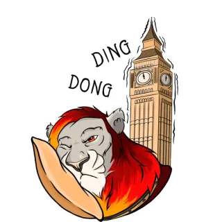 🇮🇸 ac02b6da DING DONG león, Big Ben, Londres, dibujo animado, edificio, reloj, animal telegram sticker