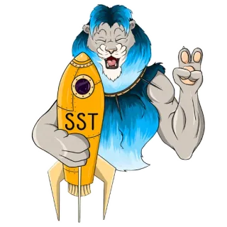 ✌️ d592df75 SST león, cohete, dibujos animados, mascota, símbolo de la paz telegram sticker