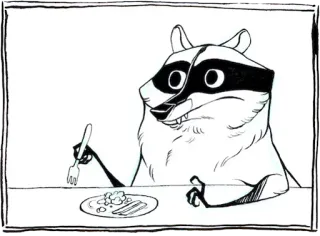 🥢 5d9bc646 mapache, comiendo, cena, animal, dibujo animado, tenedor, mesa telegram sticker