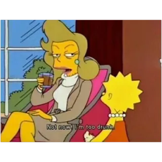 😕 5d85e567 Lisa Simpson The Simpsons Not now, I'm too drunk. cartoon, alcohol, drinking, drunk, sit, woman telegram sticker
