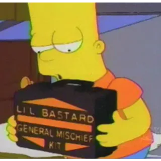 😈 a4efa5ee Bart Simpson The Simpsons LIL BASTARD
GENERAL MISCHIEF KIT Bart Simpson, mischief, cartoon, The Simpsons, lil bastard telegram sticker