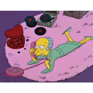 ☎️ b907beb8 Mr. Burns The Simpsons cartoon, animated, comedy, character, phone, records, heart shaped box, lying down telegram sticker