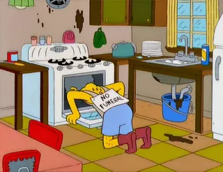 ☠️ fe8b072b NO FUNERAL 辛普森一家, 卡通, 幽默, 烤箱, 葬礼, 混乱, 厨房 whatsapp sticker