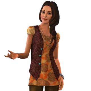 π 1e8bcf79 sims, woman, brown hair, dress, vest telegram sticker