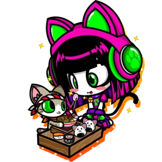 🍙 ab2ed29f 애니메이션, 만화, 귀여운, 고양이, 헤드폰, 라멘, 스시 telegram sticker