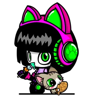 😋 e151bba4 만화, 소녀, 고양이, 헤드폰, 귀여운, 귀여운, 애니 telegram sticker