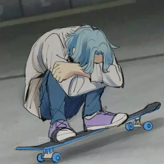 😔 4ebd3164 애니메이션, 스케이트보드, 슬픈, 우는, 파란 머리, 앉아있는 telegram sticker