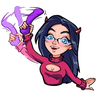 👏 46e11f08 卡通, 女人, 恶魔, 角, 眼镜, 紫色, 獠牙 telegram sticker