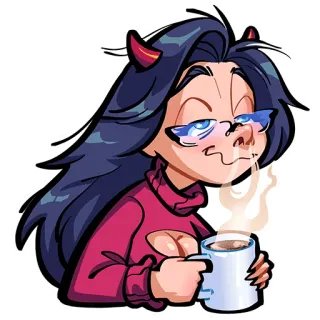 😴 8dba5925 卡通, 女孩, 恶魔, 角, 咖啡, 懒惰 telegram sticker
