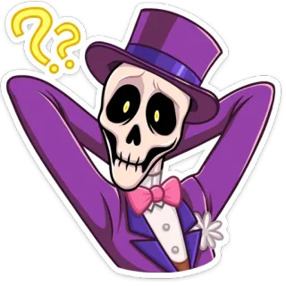 🤨 65d1f271 skeleton, purple, top hat, question mark, mystery, cartoon, character, formal wear, bow tie telegram sticker