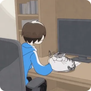 🌟 bce9ca43 cat, studying, anime, cartoon, desk, computer, drawing, cute telegram sticker