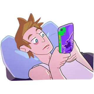 😐 cce27759 мультфильм, телефон, уставший, лежащий, человек, сонный, кровать whatsapp sticker
