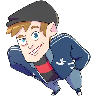 😏 ffa41278 мультфильм, мужчина, персонаж, куртка, кепка, усмешка whatsapp sticker