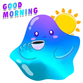 😃 e95ce1df GOOD MORNING 早上好, 早上, 太阳, 咖啡, 小水滴, 卡哇伊, 可爱 telegram sticker
