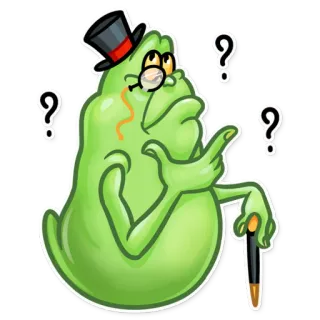 🤔 65996992 fantôme, dessin animé, points d'interrogation, haut-de-forme, canne, monocle, vert telegram sticker
