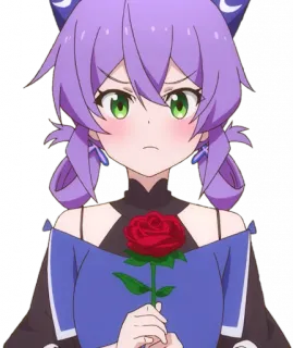 🌹 22c81ab7 애니메이션, 고양이 귀, 장미, 보라색 머리, 초록색 눈 telegram sticker