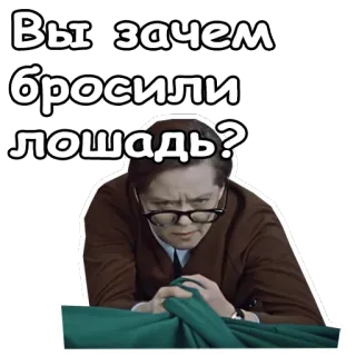 🤓 46c1fded Вы зачем бросили лошадь? rosyjski, tekst, pytanie, mem, osoba telegram sticker