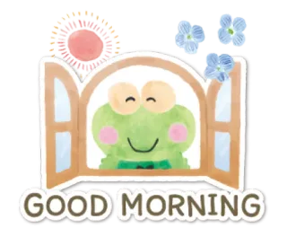 🧁 2a6ecfcc GOOD MORNING 早上好, 问候, 青蛙, 可爱, 窗户, 花 whatsapp sticker