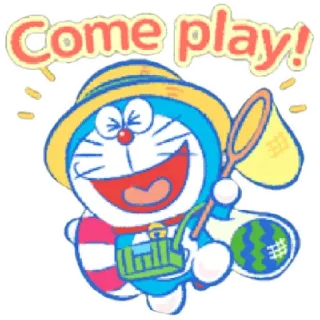 😁 ff639695 Doraemon Come play! doraemon, cartoon, play, summer, fishing, watermelon, hat, anime whatsapp sticker