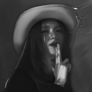 ⚓️ 1b90ebec женщина, ковбойская шляпа, портрет, жест рукой, палец к губам, черно-белое telegram sticker