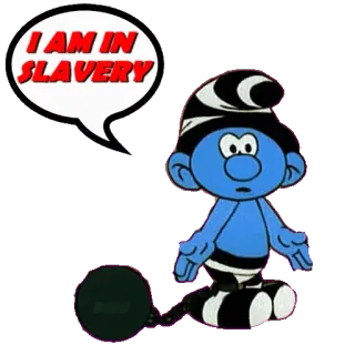 ⛓ f0913fa6 Smurf I AM IN SLAVERY smurf, niewolnictwo, kreskówka, niebieski, kula u nogi telegram sticker
