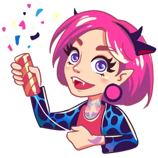 🥳 0fbe9a8c confetti, celebration, party, horns, pink hair, cartoon, sticker whatsapp sticker