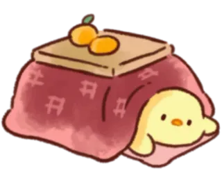 🐥 c3372a12 Kotatsu, Kurczak, Uroczy, Kawaii, Zima, Ciepły, Japoński, Meble telegram sticker