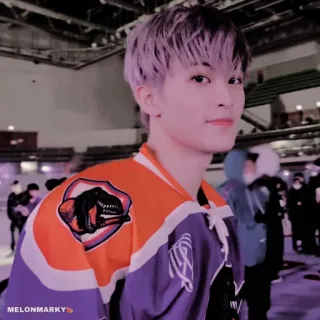 🍉 49d1d31f melonmarky 人, 男性, ジャージ, 笑顔, 紫髪 telegram sticker