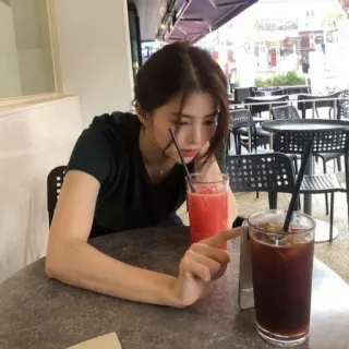 🤍 38f7ff79 woman, iced coffee, table, cafe, drinks, watermelon juice telegram sticker