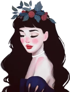 👩 68629477 女人, 肖像, 花, 黑发, 艺术品, 插画, 玫瑰 whatsapp sticker