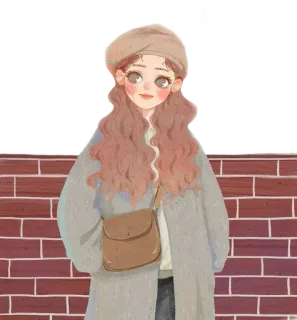 👩‍🦰 772d18b4 女孩, 贝雷帽, 外套, 肖像, 时尚, 插画 whatsapp sticker